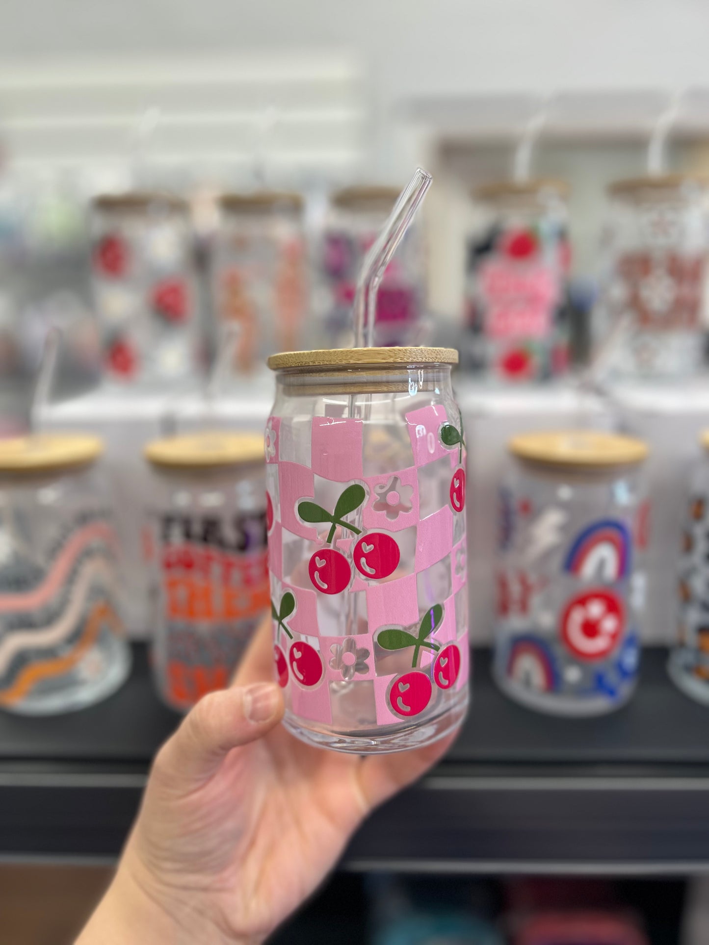 Bamboo Tumbler | Pink Squared Cherries